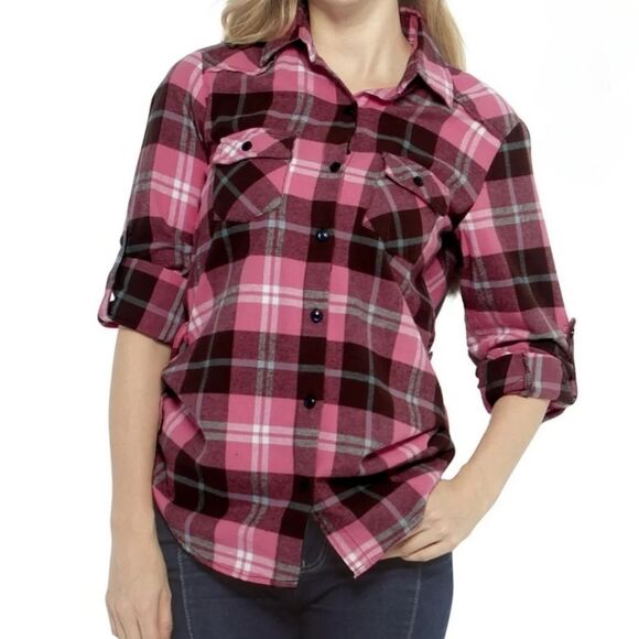 Matchstick Pink Plaid Flannel Button-Down Long Sleeve Shirt - Picture 1 of 15